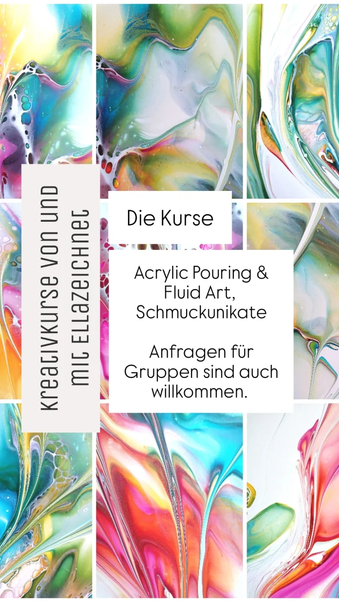 Kreativkurse Atelier EllaZeichnet Farbenfrohe Acrylgießkunst und Fluid Art mit kreativen Mustern und Designs.